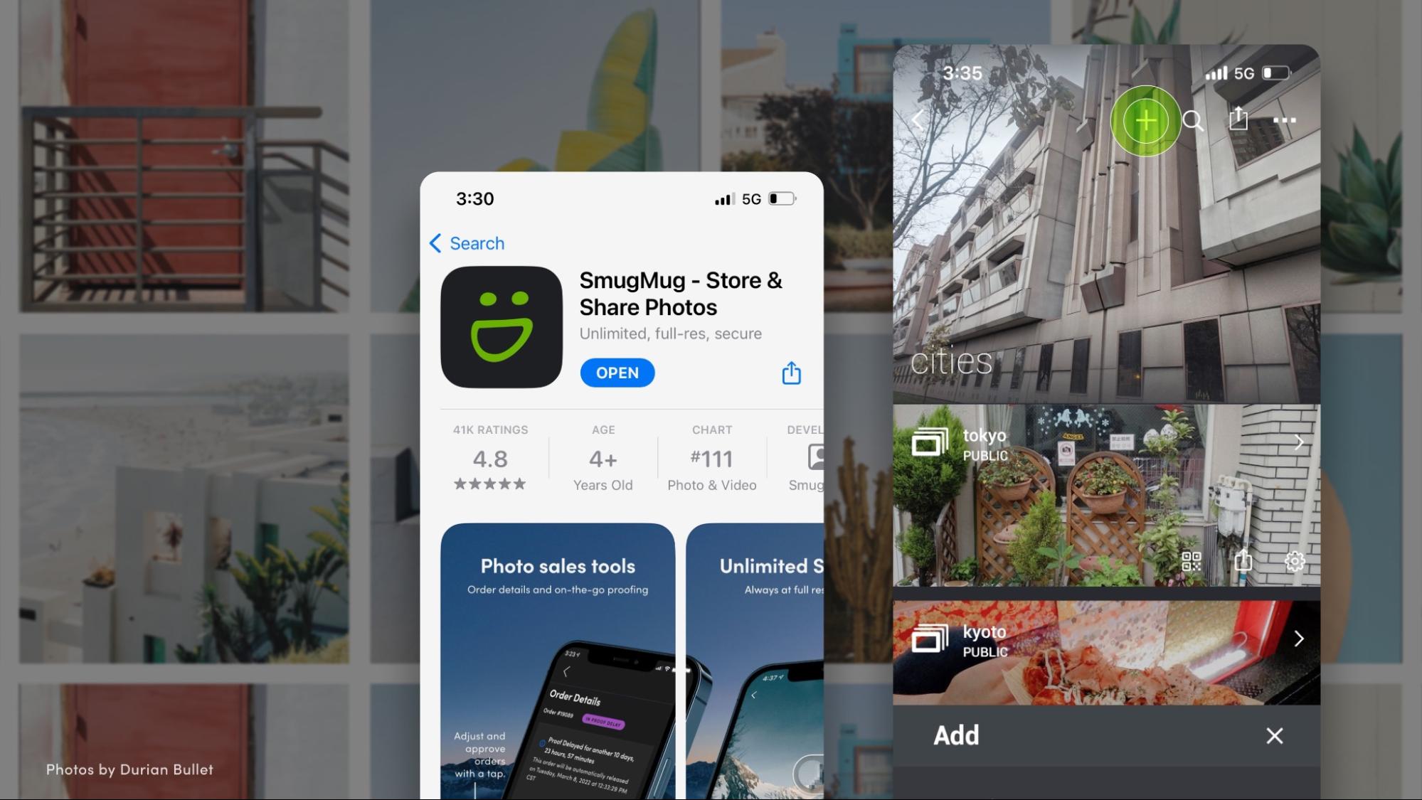 Screenshot of the SmugMug app page over a background grid of photos.